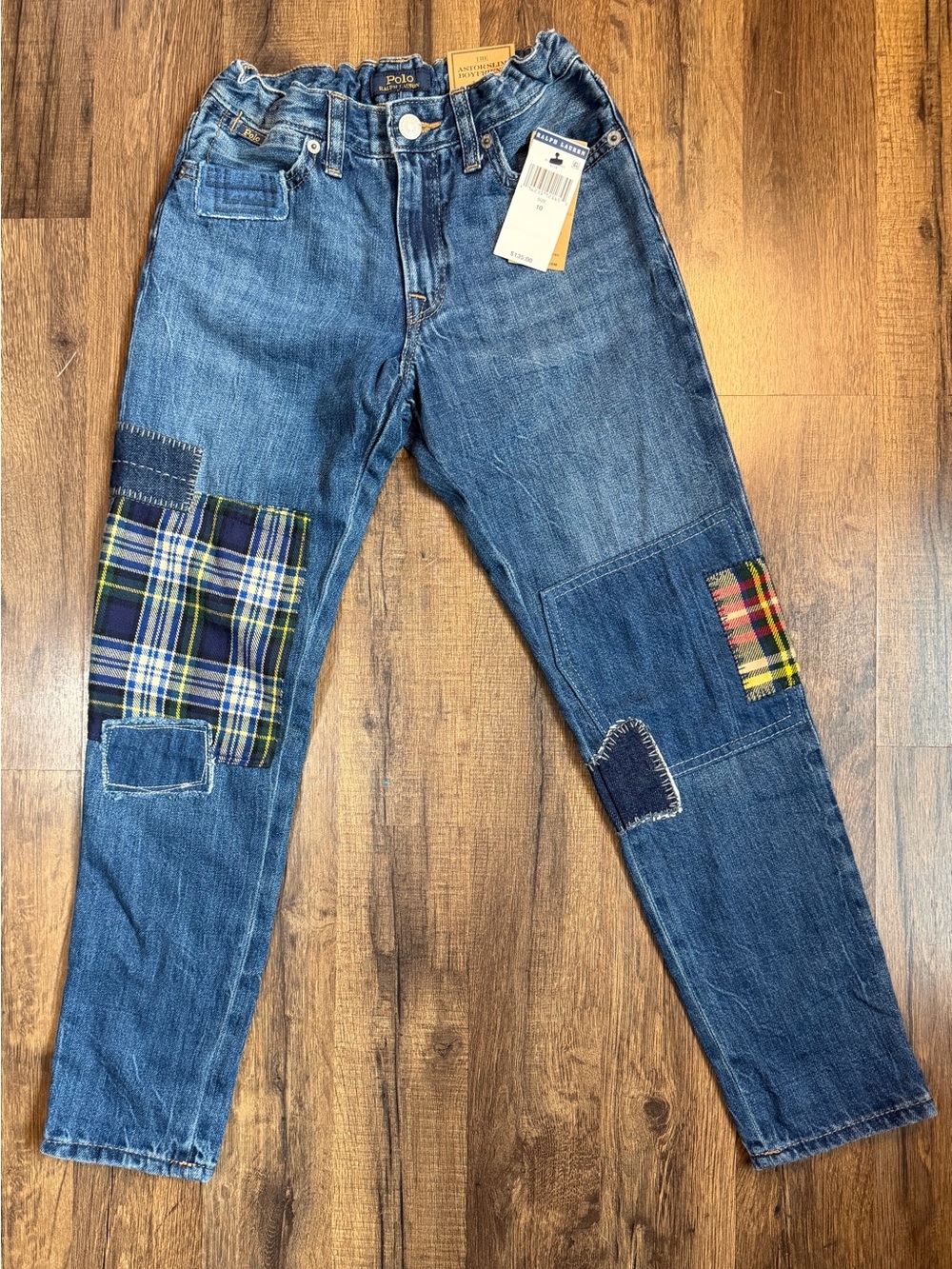 Ralph Lauren Blue Denim Kids Jeans with Plaid Patchwork
